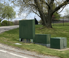 Green Painted Municipal Electrical Box on Grassy Area on Side of Road