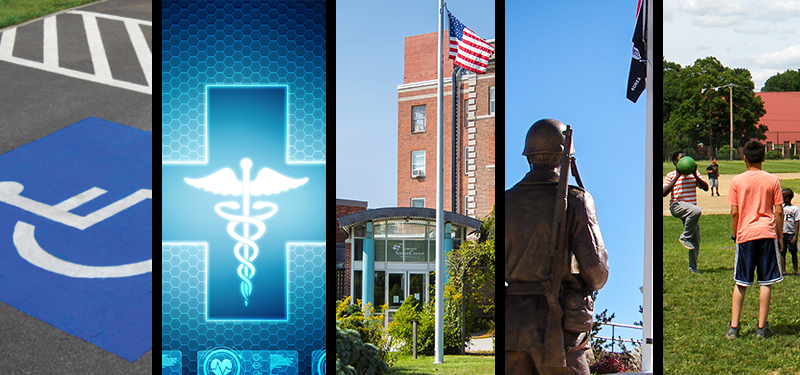 Collage of Services Provided by Health & Human Services Including Handicap Parking Spot, Blue Medical Symbol, Senior Center Building Entrance, Soldier Statue, Children Playing in Field