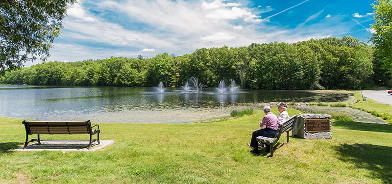 Two Elder Adults Sitting on Bench in Front of a Pond and Fountain