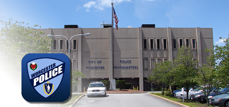 Front Façade of Worcester Police Headquarters with Worcester Police App Icon