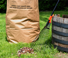 Rake Next to a Pile of Leaves and Paper Bag of Yard Waste