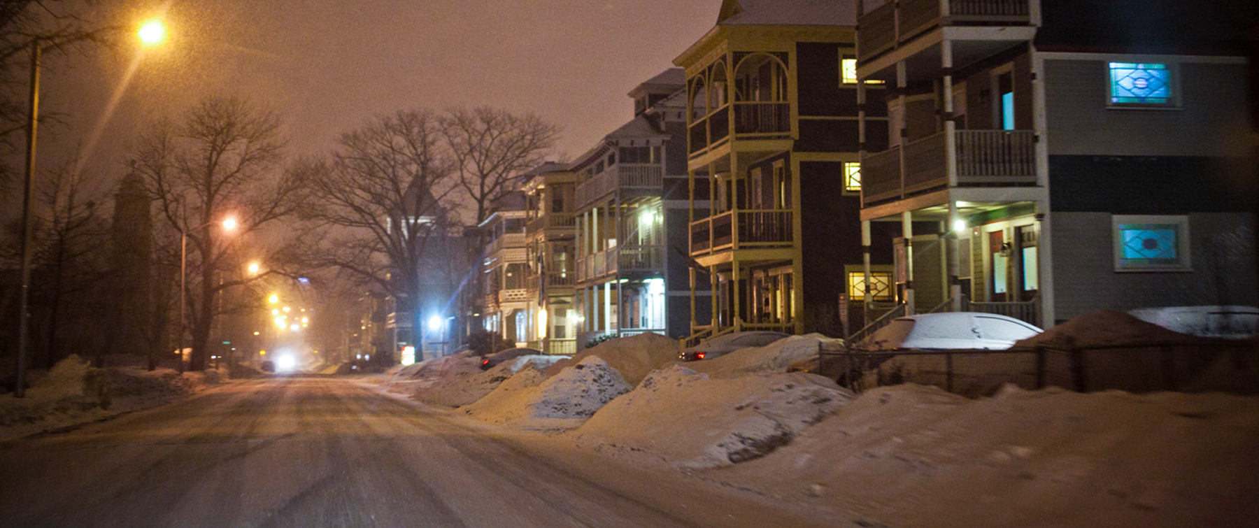 City Street at Night Covered in Snow