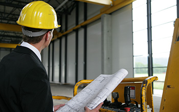 Man with blueprints at building site