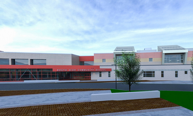 Rendering of South High Community School Main Entrance