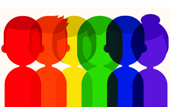 Graphic of Group of People Standing in Rainbow Colors