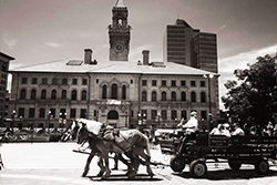Black and White Photo of Horse-Drawn Carriage Going Through City Hall Common