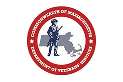 Department of Veterans' Services Logo, Red Circle with Blue Colonial Man Standing in Front of a Grey Massachusetts
