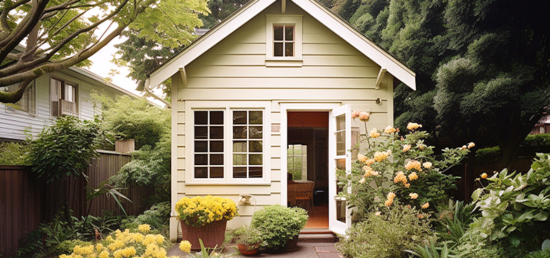 Small ADU Tiny Home Unit with Green Trees in Background