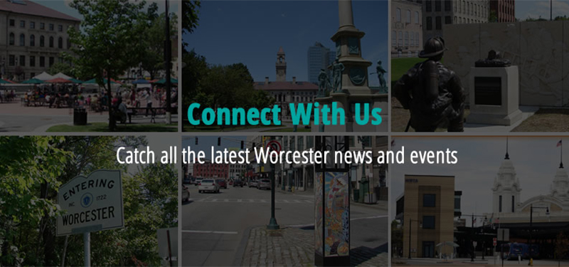 Collage with Worcester Common Oval, City Hall, Worcester Six Memorial, Entering Worcester Sign, Main Street and WRTA Bus Depot and Union Station