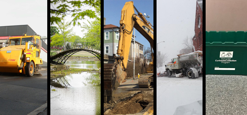 Collage of 5 Images, Street Sweeper, Park Bridge, Crane Doing Construction, Snow Plow, Green Recycle Bin