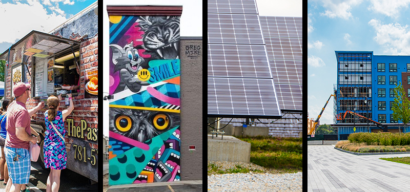 Collage of Images for Economic Development, Including Food Trucks, Solar Panels, Construction Project and Mural on a Building