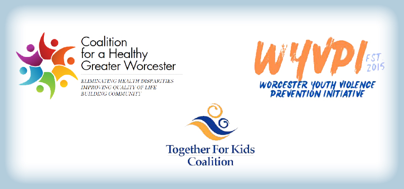 Collage of Logos for Coalition for a Healthy Greater Worcester, Worcester Youth Violence Prevention Initiative, and Together for Kids Coalition