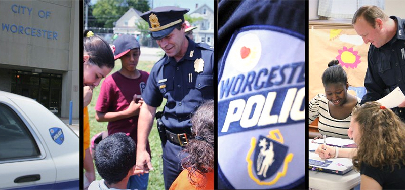 Collage with Police Headquarters, Uniform Patch and Officers Engaging with Youth
