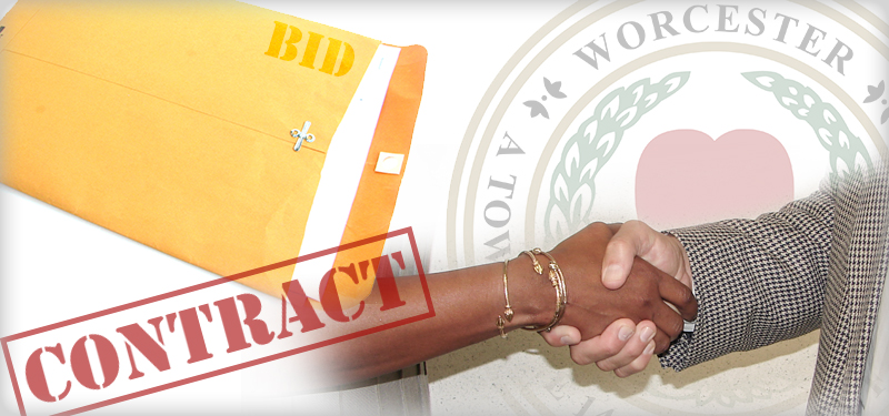 Two People Shaking Hands with a Yellow Envelope, the Word Contract Stamped and the City of Worcester Watermark in Background