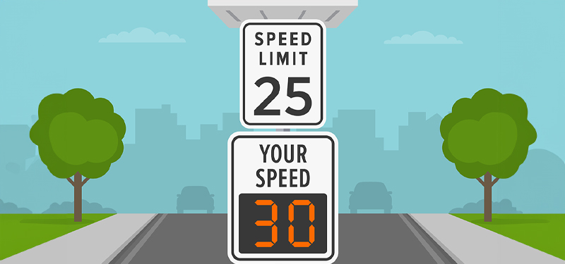 Illustrated Image of Speed Limit Sign with Solar Speed Limit Radar Beacon and Green Trees on Sides of Road