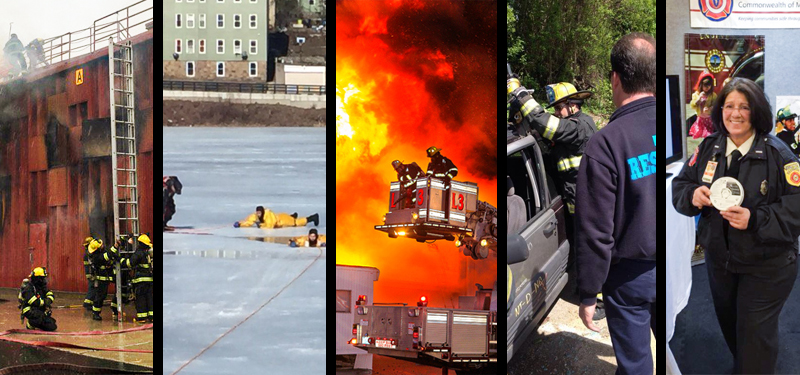 Collage with Firefighting, Ice and Vehicle Rescue Training, Two Firefighters Battling a Blaze and Lieutenant Annmarie Pickett at a Fire Safety Event