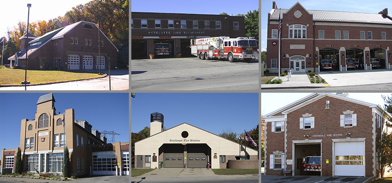 Collage with McKeon Road, Grove Street, Franklin Street, Webster Square, Grafton Street and Greendale Fire Stations