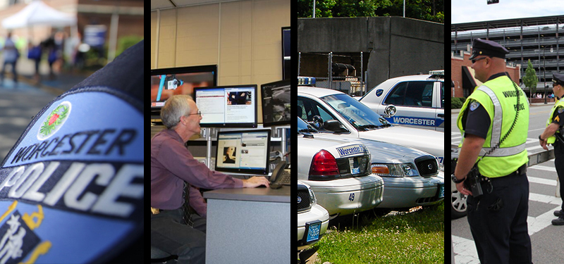 Collage with Uniform Patch, Real Time Crime Center, Patrol Cars and Detail Officers