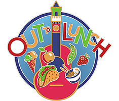 Out to Lunch Logo, Multi-Colored Illustration with a Tower and the Words Out To Lunch