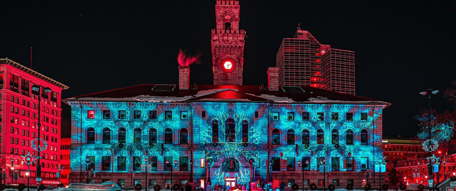 City Hall Façade During Festival of Lights with Projected Snowflake Image