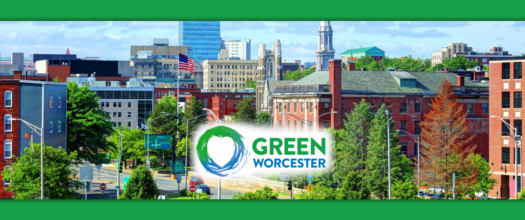Downtown Worcester Buildings Skyline with Green Backdrop