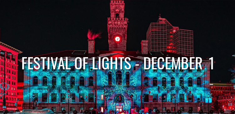 City Hall and Oval Skating Rink During Festival of Lights with Projected Colored Lights on Facade at Night