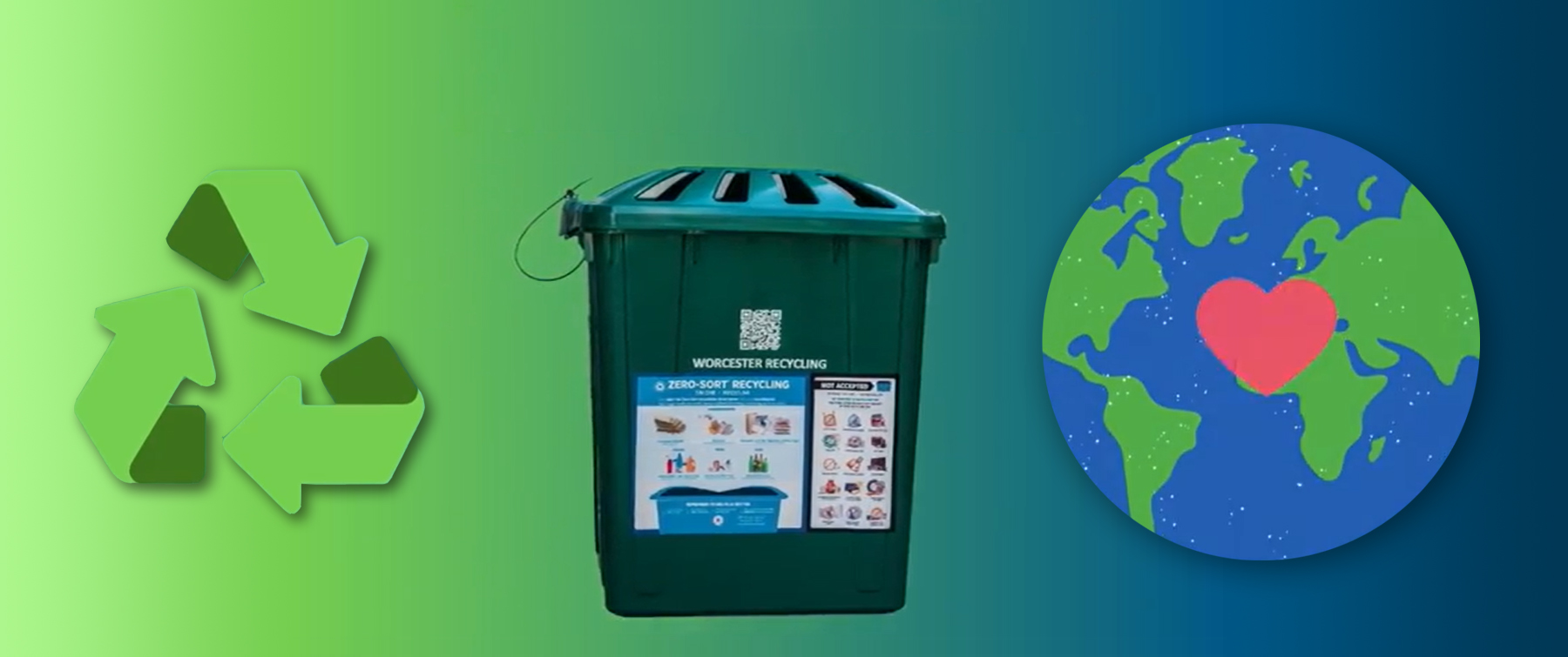Green Recycling Arrows, Worcester Recycling Bin and Earth with Heart Graphic