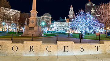 Worcester Common Illuminated with Lights in Trees at Night