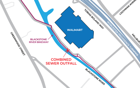 Map Showing Location of Combined Sewer Overflow Behind Walmart