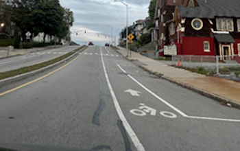 Empty Worcester Street Heading Up Hill with Shared Bike Lane on Right Lane