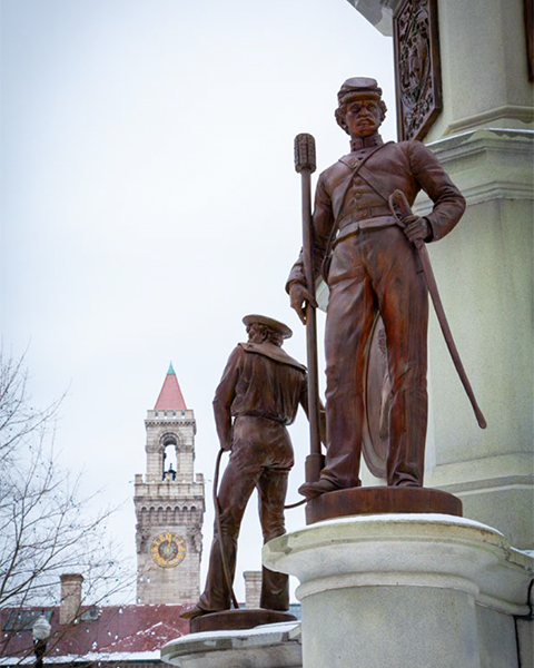 Two Bronze Soldier Statues on World War I Memorial in Worcester Common