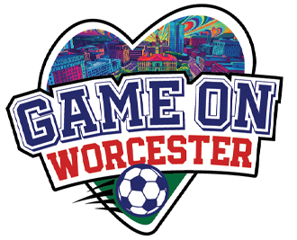 Game On Worcester Logo with Text and Soccer Ball in Heart Shape