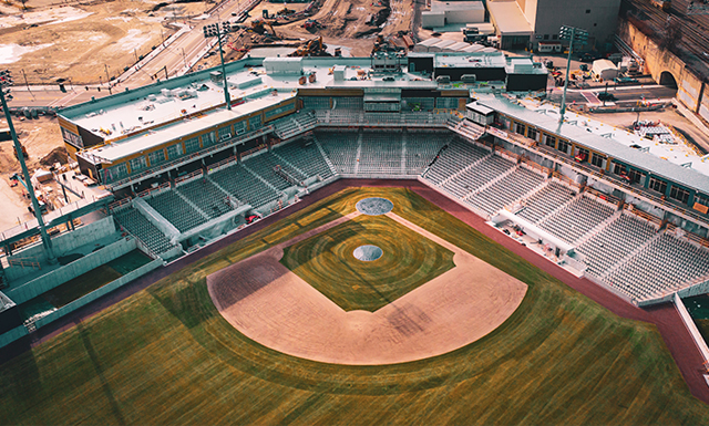 Aerial View of Polar Park Construction Showing Baseball Diamond and Backstop Area