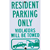 White Sign with Green Lettering Stating Resident Parking Only and Image of Car Being Towed