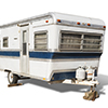 Graphic of a Blue and White Travel Trailer Parked Alone
