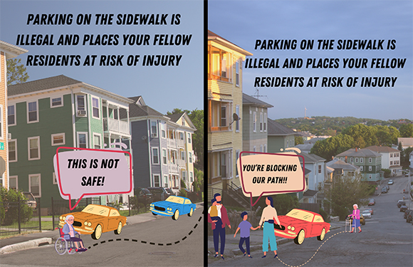 Graphic Collage Illustrating Unsafe Parking on Sidewalk with Pedestrians Walking in Street