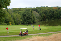 A Foursome of Golfers Putting on a Green with Golf Cart in Foreground - Click to Enlarge