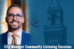 City Manager's Headshot Overlayed on Graphic of City Hall Clock Tower