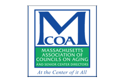 Massachusetts Association of Councils on Aging Logo, Big Blue M with Smaller Blue C O A Inside the M with Green Box of White Text Under