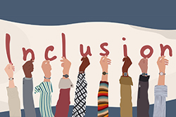 Illustration of Diverse Hands Holding Up Letters Spelling Inclusion