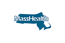 MassHealth Logo, Blue Massachusetts with White Words MassHealth on the State