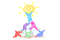Multicolor Drawn People Making a Human Pyramind and Lifting a Sun