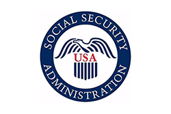 Social Security Administration Logo, Blue Circle with Blue Eagle, Red Letters USA with Vertical Blue Lines Under USA