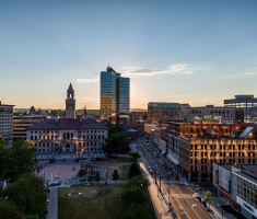 Aerial View of Downtown Worcester at Dusk