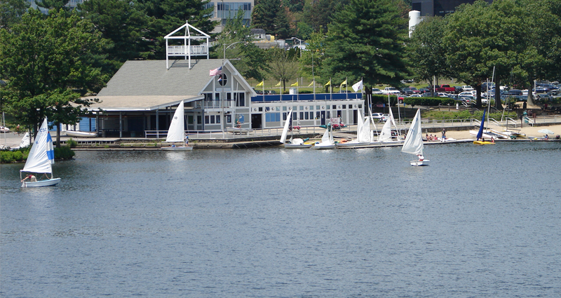 Lake Quinsigamond and Beach Area with Boat House and Small Sail Boats
