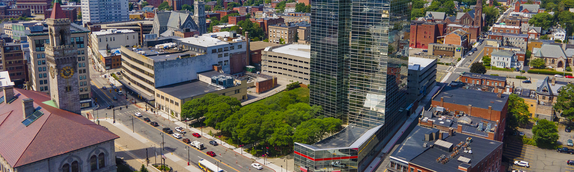 Aerial View of Worcester Plaza building and City Hall on Main Street