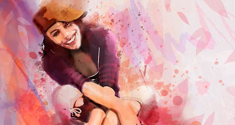 Stylized Photo of a Young Woman Sitting with Ball Cap all in Pink and Purple Tones