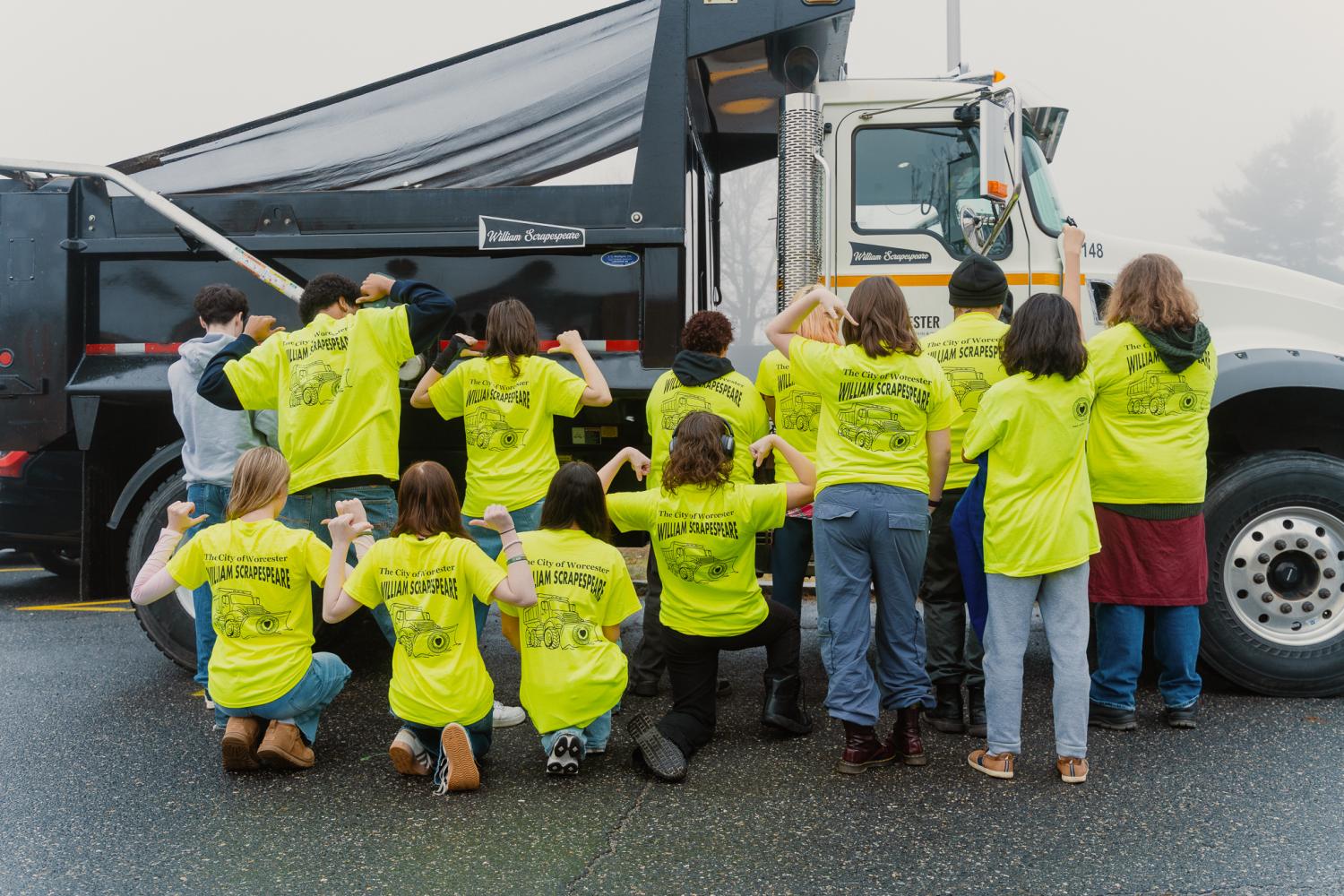 Photo of Worcester Public Schools students who named a DPW plow truck
