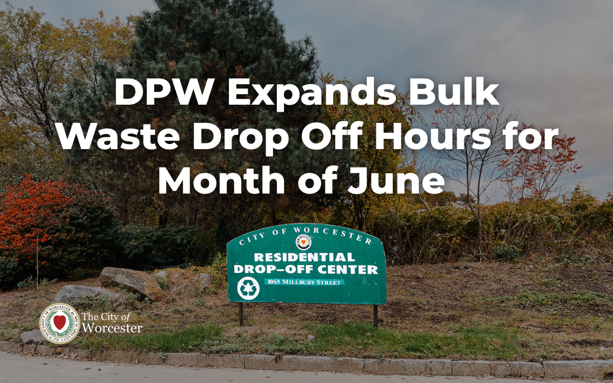 Photo of the residential dop off center with text overlayed that reads, "DPW Expands Bulk Waste Drop Off Hours for Month of June"