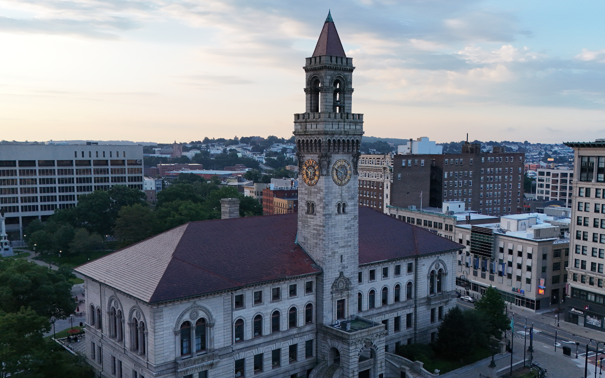 A drone shot of Worcester City Hall 